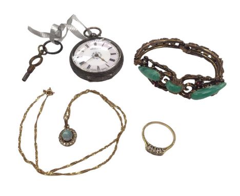 18ct gold diamond three stone ring, opal and diamond cluster pendant on 9ct gold chain, gem set costume bracelet and a silver