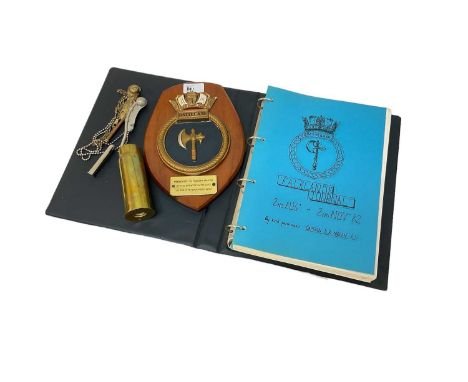 Falklands journal 2nd Aug- 2nd Nov 1982, together with Battleaxe ship's crest with presentation plaque "Presented to Plessey 