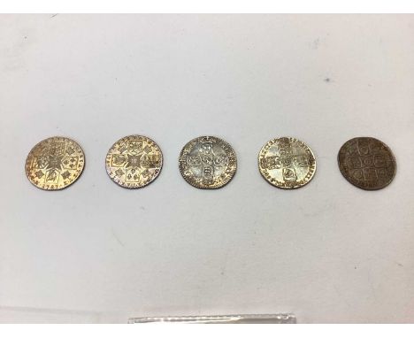 G.B. - Mixed silver Six Pences to include William III first bust, early harp large Crown 1696 GVF-AEF, George II 1745 reverse