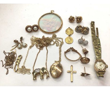 Group of 9ct gold and yellow metal jewellery including earrings, pendants, chains etc and 9ct gold cased Rotary wristwatch on