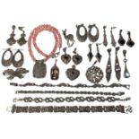 Collection of silver marcasite jewellery including pairs of earrings, bracelets, pendants etc