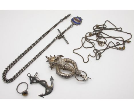 Decorative Brooch, of foliate filigree and textured design, an anchor brooch; a graduated curb link Albert chain, to single c