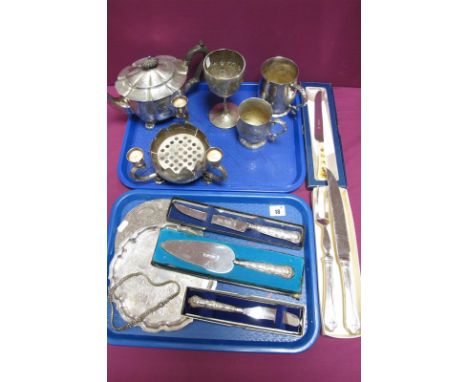 A Hallmarked Silver Handled Cake Slice, Cake Knife and Butter Knife, boxed, together with an Aynsley fruit decorated ceramic 