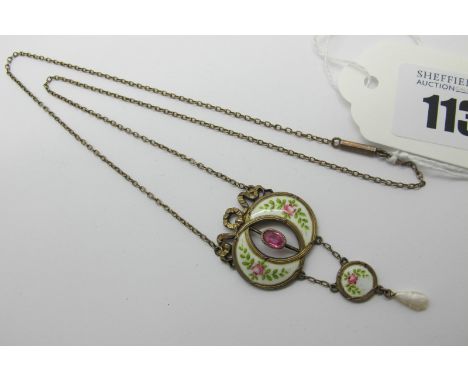 An Early XX Century Gilt and Enamel Pendant, oval collet set to the centre, highlighted in pink and green on white ground, st