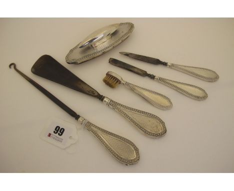 A Matched Hallmarked Silver Handled Six Piece Set, HM, Birmingham 1927, 1928, with engine turned decoration, including nail b
