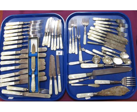 A Hallmarked Silver and Mother of Pearl Cake Knife, in original box, together with a collection of assorted mother of pearl h