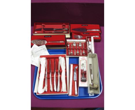 Oneida Hampton Court Pattern Cutlery, including three piece meat carving set (lacking steel), teaspoons, cake slice sauce lad