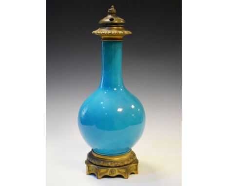 Chinese turquoise glazed baluster shaped vase having European gilt metal mounts and converted to a lamp   Condition: 