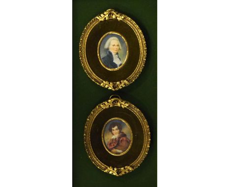 Pair of oval portrait miniatures - Gentlemen in period costume, each in a decorative gilt metal frame   Condition: 
