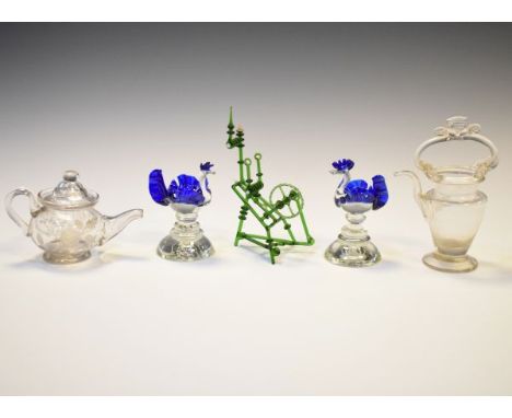 Miniature glass spinning wheel, two bird ornaments, a jug and miniature engraved glass teapot   Condition: 