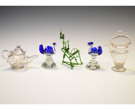 Miniature glass spinning wheel, two bird ornaments, a jug and miniature engraved glass teapot   Condition: 