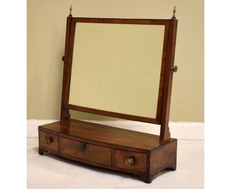 19th Century mahogany dressing table mirror, the rectangular plate supported by reeded columns, the box base fitted three dra
