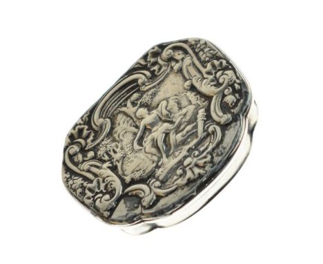 George II embossed white metal snuff box, the hinged cover decorated with classical figures, the underside engraved 'M.Walker