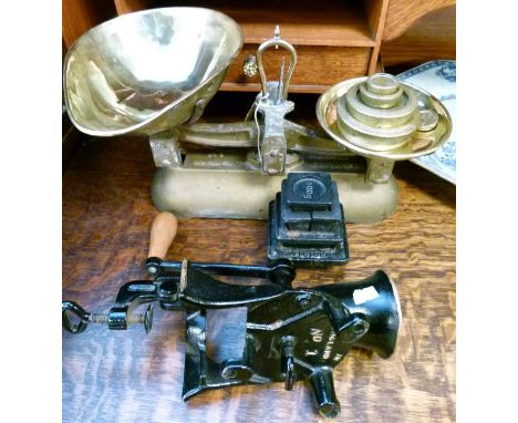 Avery cast metal and brass kitchen scales with various brass and iron weights and a Spong & Co coffee grinder   Condition: 