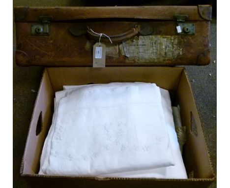 Quantity of various lace edged and other linen, together with a vintage leather suitcase   Condition: 