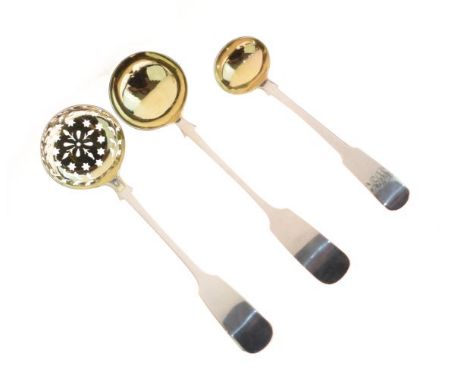 Victorian silver sifting ladle, London 1883, a Victorian silver sauce ladle, Exeter 1878 and a George III silver salt ladle, 