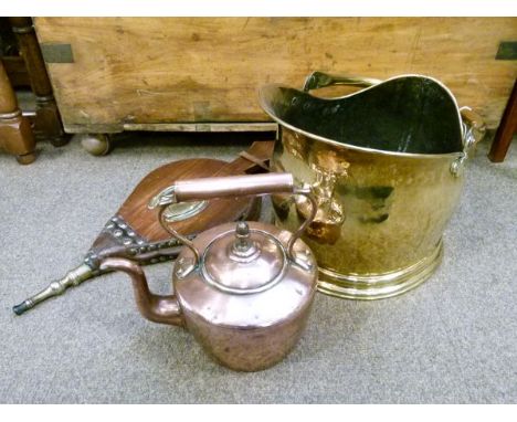 Copper kettle, brass helmet shaped coal bucket and a pair of bellows   Condition: 