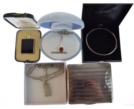 Silver cigarette case, silver snap bangle, a Mappin & Webb white metal scent, cased, and a small quantity of other silver jew