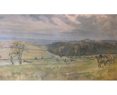 Lionel Edwards - Signed coloured print - Landscape with hunt together with two similar unsigned prints, all framed and glazed