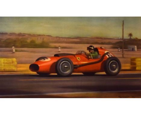 Rory Hockolds - Coloured print of a 1950's Ferrari racing car, within a limed oak frame, glazed   Condition: 