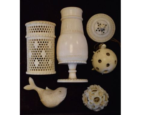 19th Century Indian carved and turned ivory pepperette, Chinese puzzle ball, cylindrical container with pierced decoration, m