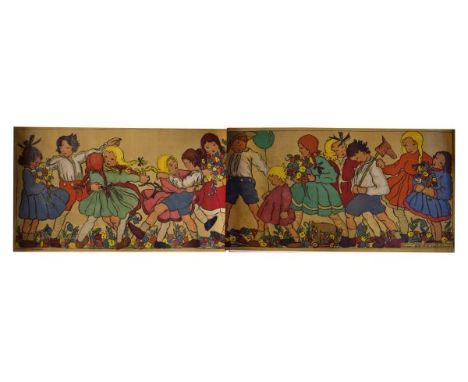Two section Vienna Kunstgewerbeschule, coloured poster print 'Tanzende Kinder' (Dancing Children) by Helli Fritz, aged 15 yea