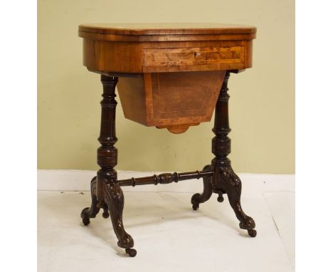 Victorian birds-eye maple banded figured walnut work/games table, the fold over top opening to reveal a chess, backgammon and