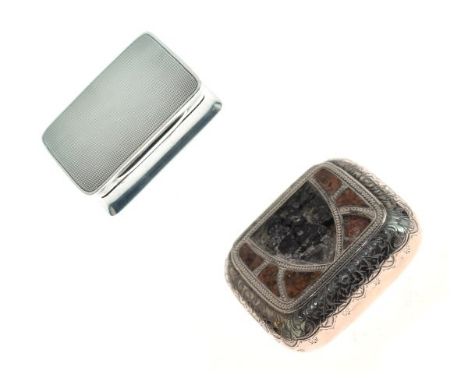 Victorian engraved silver snuff box having agate inlay, Birmingham 1894 together with a George V engine turned silver snuff b