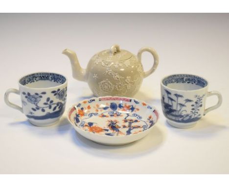 19th Century English earthenware miniature teapot having floral decoration in relief on a grey ground, two Chinese export tea