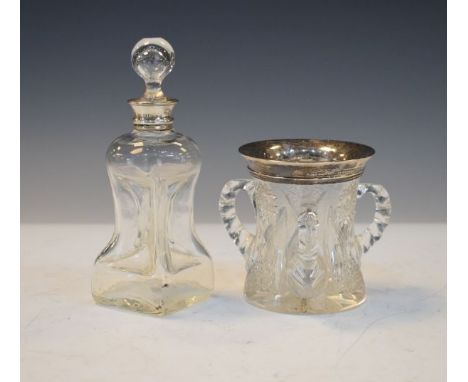 Small Edward VII glass decanter having a silver collar hallmarked for Birmingham 1909 together with a cut glass tyg, the silv