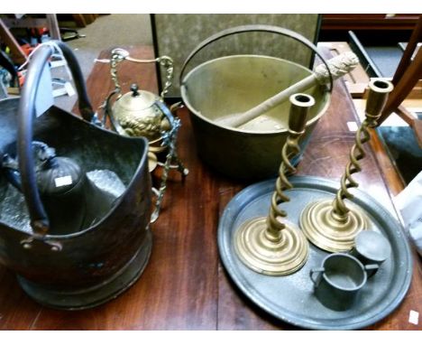 Various metalware including; two copper warming pans, pair of brass open twist candlesticks, brass preserve pan, copper coal 