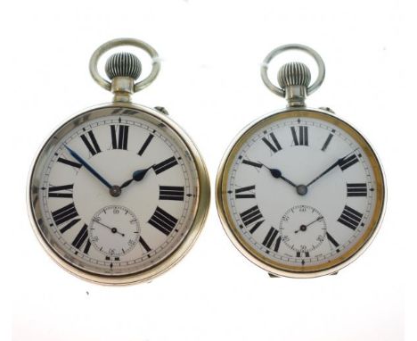 Two nickel cased 'Mammoth' top wind pocket watches having white enamel dial, subsidiary seconds dial and Roman numerals   Con
