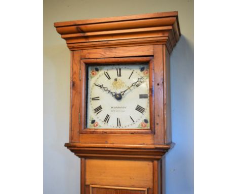 19th Century stripped pine longcase clock by William Stanton of Buckingham, the hood with moulded cornice, square glazed door