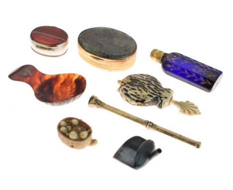 Interesting miscellanea including 19th Century tortoiseshell caddy spoon, gilt decorated blue glass scent bottle, two oval bo