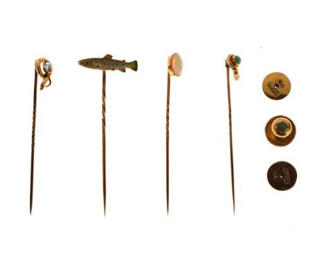 Opal set stickpin, one other enamel decorated trout mounted stickpin, two others and three studs   Condition: 