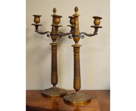 Pair of Regency style brass two branch candelabra style table lamps   Condition: 