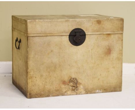 Vintage velum bound Oriental trunk having hinged cover and metal clasp with loop carry handle to each side, the top with sten