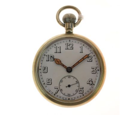 British World War II nickel cased screw back pocket watch having white enamel dial, subsidiary seconds dial and Arabic numera