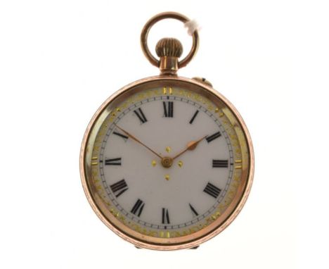 Lady's 9ct gold cased top wind fob watch having engraved case, the white enamel dial with Roman numerals   Condition: 