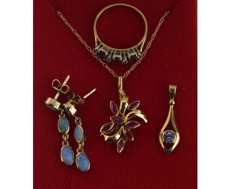 9ct gold dress ring set pink and white stones, gold coloured metal pendant set pink stones on a chain, a 9ct gold pendant set