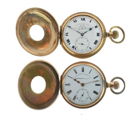 Two gentlemen's gold plated half hunter pocket watches having white enamel dials and Roman numerals   Condition: 