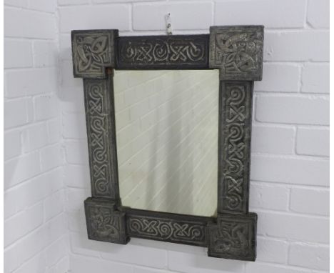 Arts &amp; Crafts style pewter wall mirror with celtic knot frame, 51 x 60cm.
