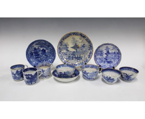 A collection of early 19th century blue and white transfer printed teawares to include two  Wolfe Mason &amp; Lucock coffee c