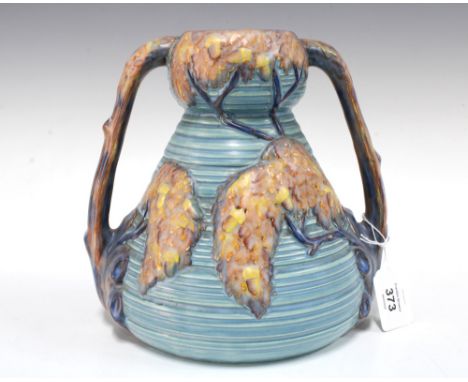 Art Deco Carltonware Blue Night Oak vase with twin branch handles, 20cm