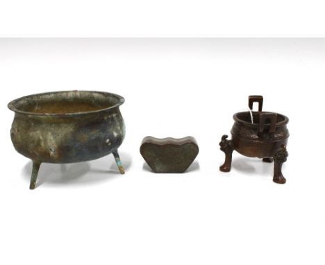 Chinese bronze patinated metal censor and three stile feet, 13cm diameter, a smaller Chinese bronze censor with stylised legs