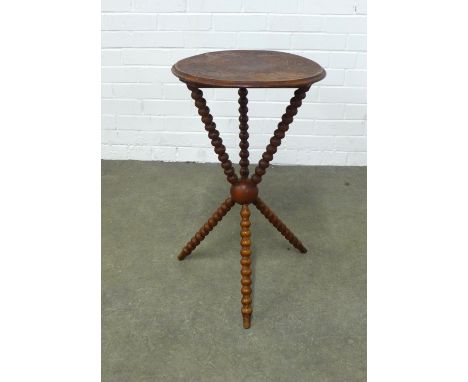 19th century gypsy table, circular top on bobbin turned tripod legs, , 41 x 70cm.