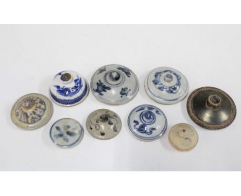 Collection of Chinese &amp; Asian pottery lids, largest 7.5cm (9)