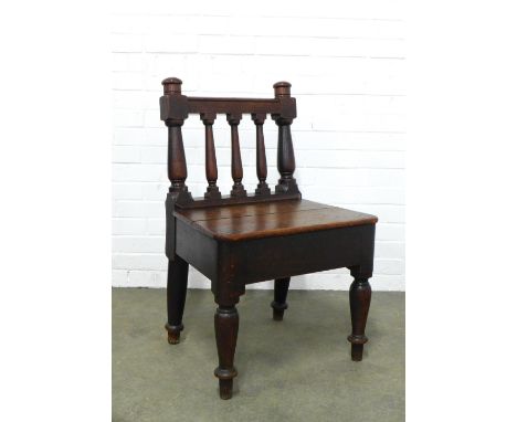 Country wood backstool with balustrade back, solid seat and turned legs,  57 x 89 x 45cm.