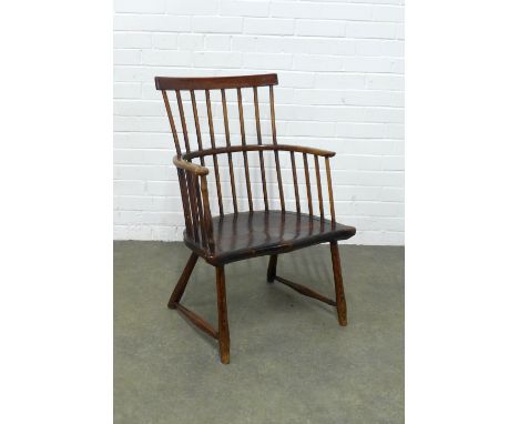 Antique ash and elm comb back Windsor armchair,  with straight top rail and curved mid section, solid saddle seat and turned 