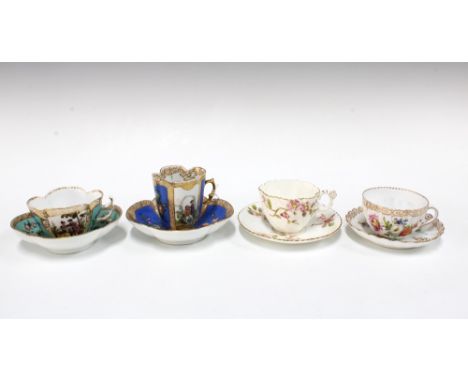 Four porcelain cabinet cups and saucers, including two Dresden, Rosenthal, and J B &amp; Son, tallest 8cm (4)